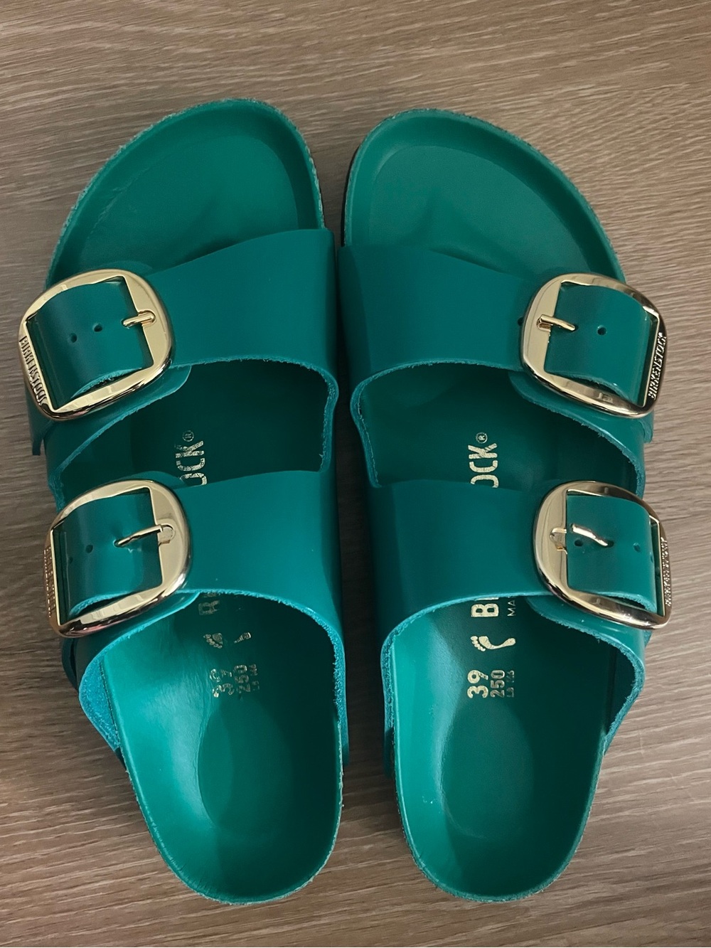 Birkenstock Two-Strap Slide Sandals with Gold Buckles